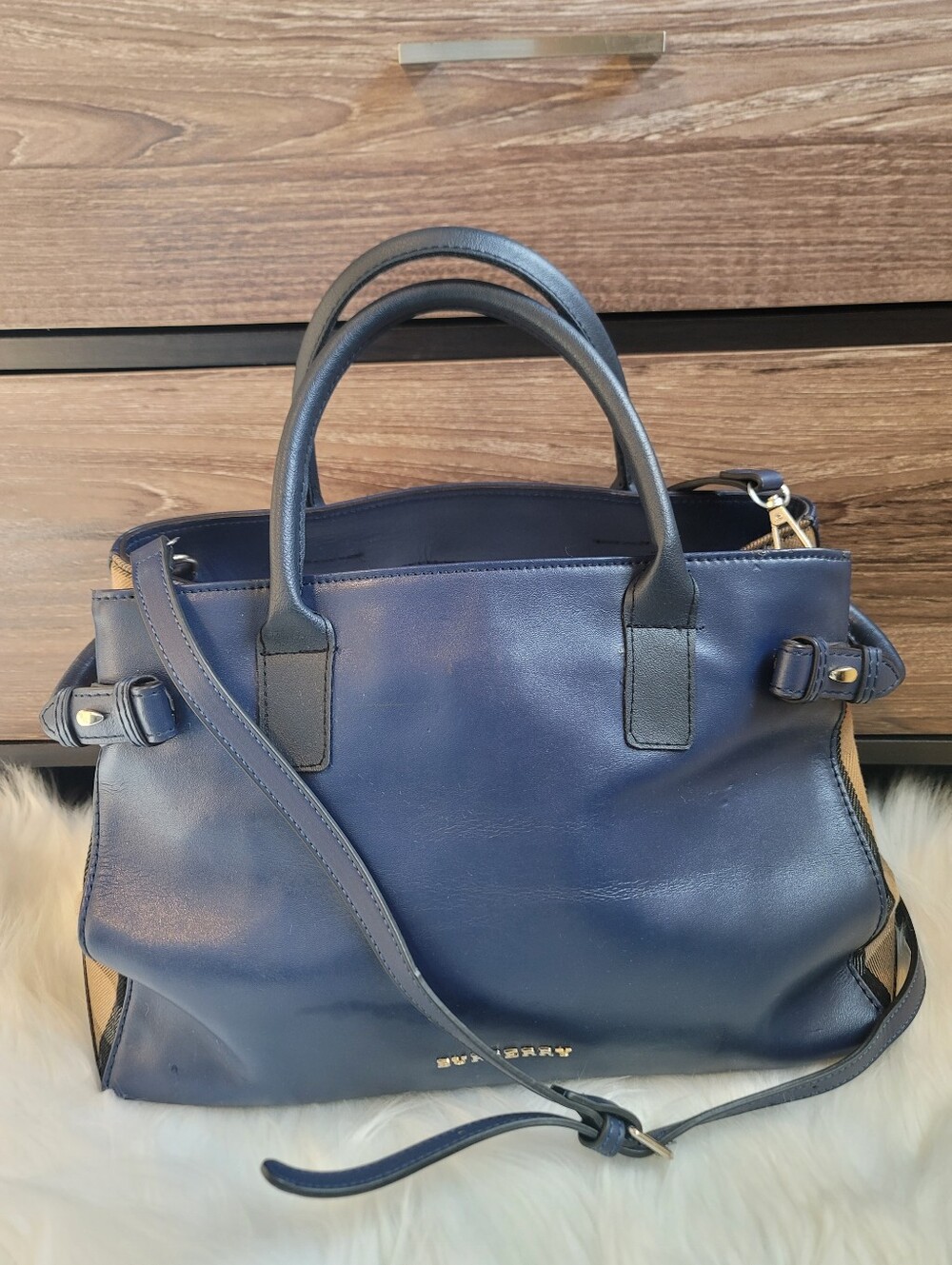 Burberry Banner Tote Leather and House Check Canvas Medium
